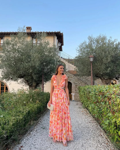 Citania | Vestito Maxi Floreale Senza Maniche Scollo a V Romantico Estivo