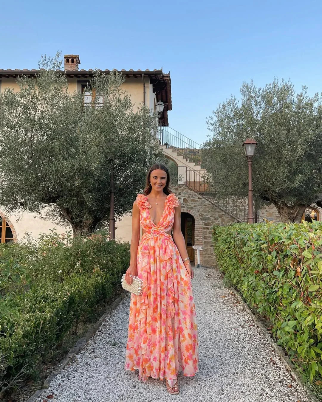 Citania | Vestito Maxi Floreale Senza Maniche Scollo a V Romantico Estivo