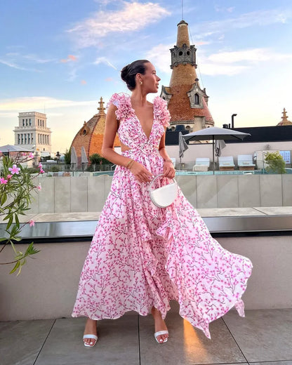 Citania | Vestito Maxi Floreale Senza Maniche Scollo a V Romantico Estivo