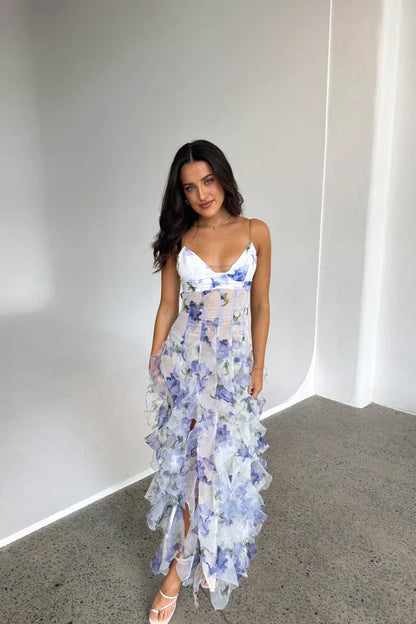 Lavinia | Vestito Maxi Boho con Volant a Balze Spacco Fluido da Spiaggia Estivo