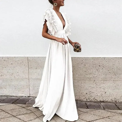 Dorelia | Vestito Maxi Fluido in Chiffon Scollo a V Manica con Volant Estivo