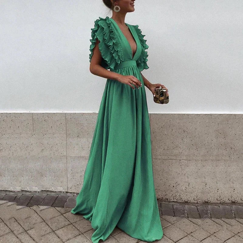 Dorelia | Vestito Maxi Fluido in Chiffon Scollo a V Manica con Volant Estivo