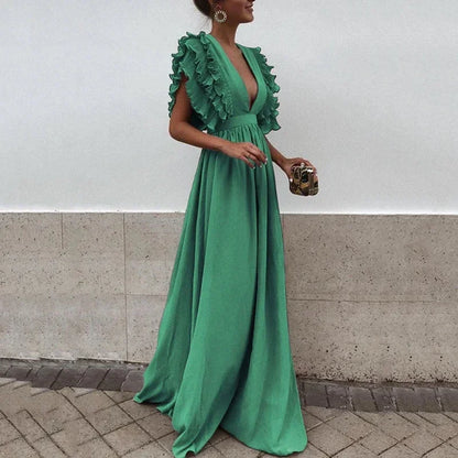 Dorelia | Vestito Maxi Fluido in Chiffon Scollo a V Manica con Volant Estivo