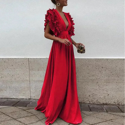 Dorelia | Vestito Maxi Fluido in Chiffon Scollo a V Manica con Volant Estivo