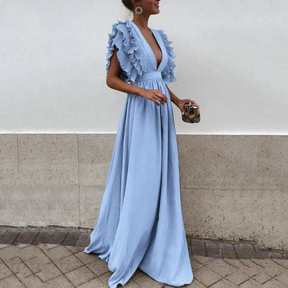Dorelia | Vestito Maxi Fluido in Chiffon Scollo a V Manica con Volant Estivo