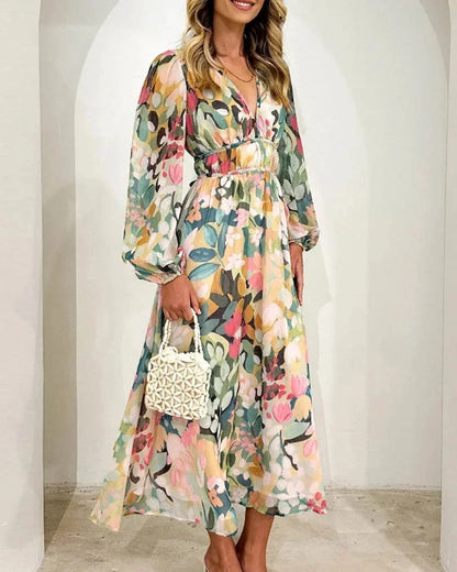 Brenta | Vestito Maxi Boho in Chiffon Floreale Scollo a V Manica Lunga Primaverile