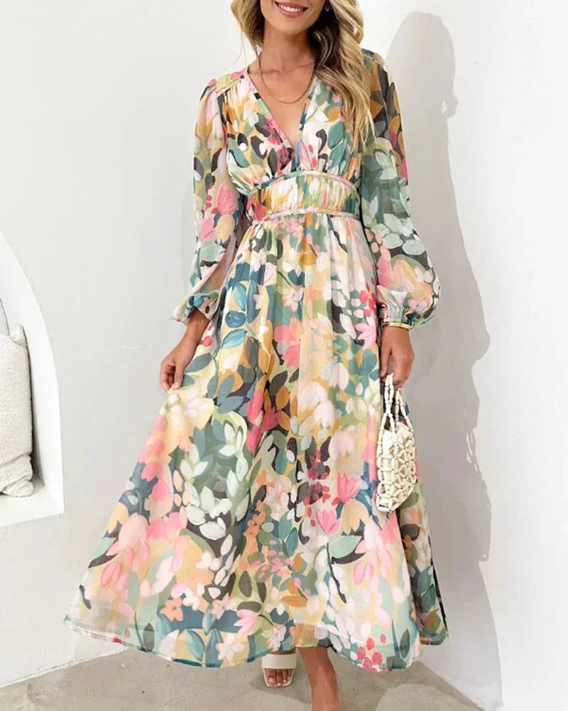 Brenta | Vestito Maxi Boho in Chiffon Floreale Scollo a V Manica Lunga Primaverile