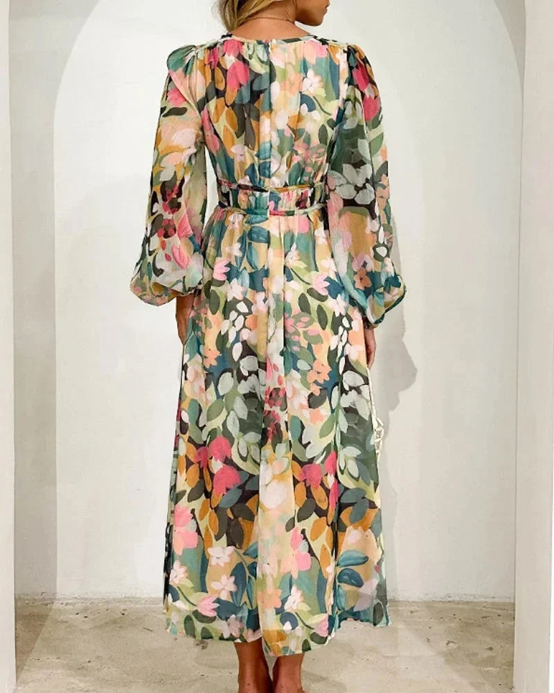 Brenta | Vestito Maxi Boho in Chiffon Floreale Scollo a V Manica Lunga Primaverile