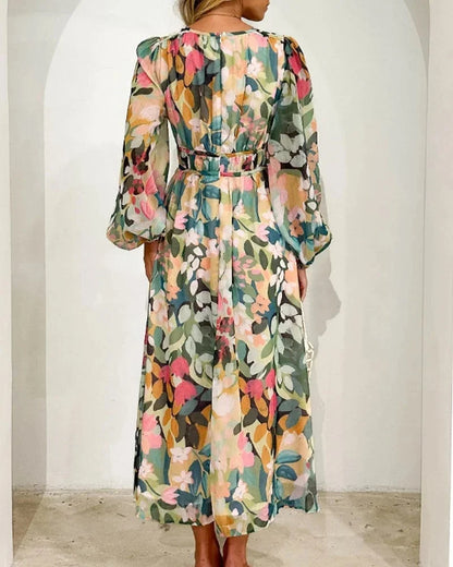 Brenta | Vestito Maxi Boho in Chiffon Floreale Scollo a V Manica Lunga Primaverile