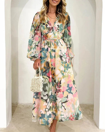 Brenta | Vestito Maxi Boho in Chiffon Floreale Scollo a V Manica Lunga Primaverile