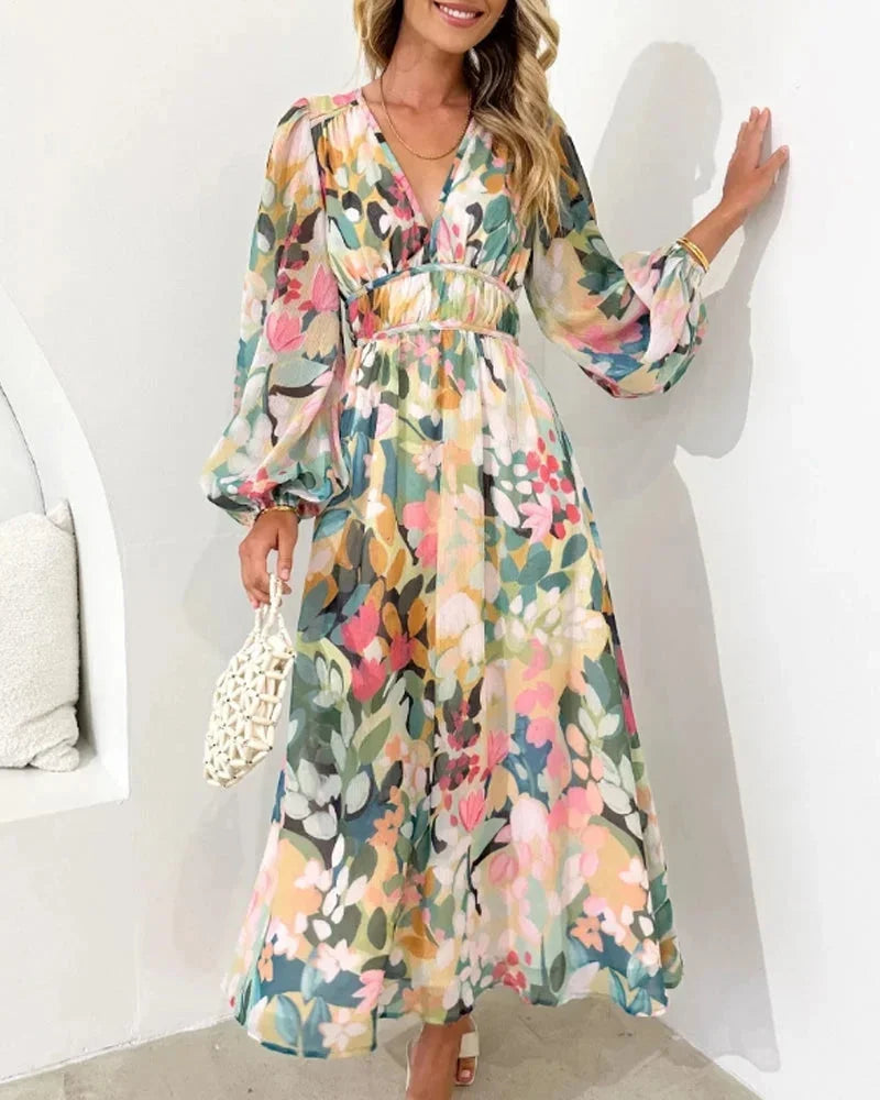 Brenta | Vestito Maxi Boho in Chiffon Floreale Scollo a V Manica Lunga Primaverile