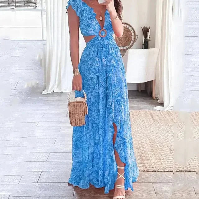 Ginevra | Vestito Maxi Floreale Scollo a V Cut-Out Manica Corta Estivo
