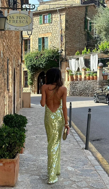 Iolana | Vestito Maxi Glam Paillettes Scollo Tondo Spalline Schiena Nuda da Sera