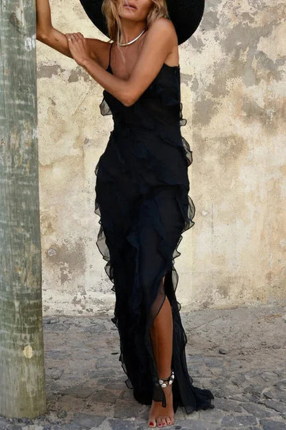 Rosalba | Vestito Maxi Boho in Chiffon con Volant Scollo a V Spacco Alto Estivo