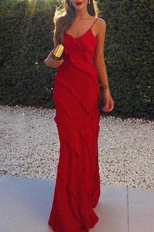 Rosalba | Vestito Maxi Boho in Chiffon con Volant Scollo a V Spacco Alto Estivo