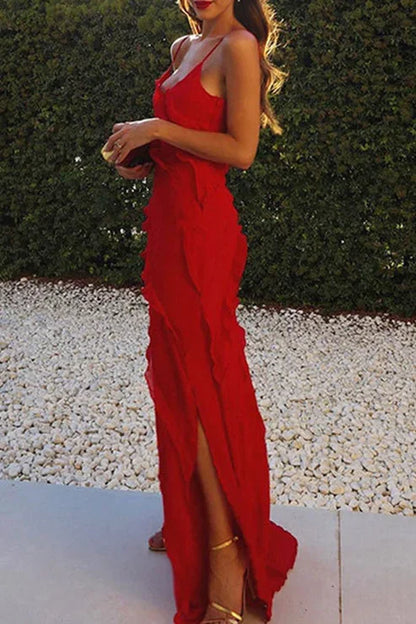 Rosalba | Vestito Maxi Boho in Chiffon con Volant Scollo a V Spacco Alto Estivo