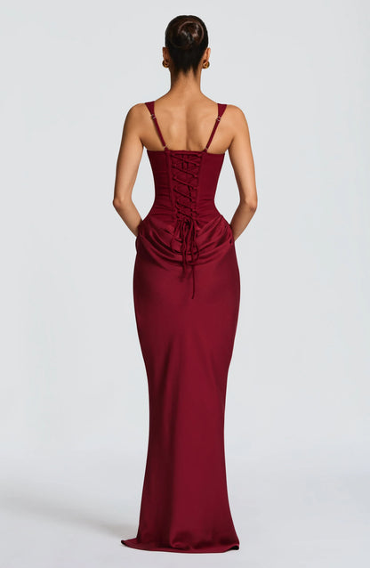 Galatea | Vestito Maxi Elegante in Raso Scollo Quadrato Aderente Schiena Nuda