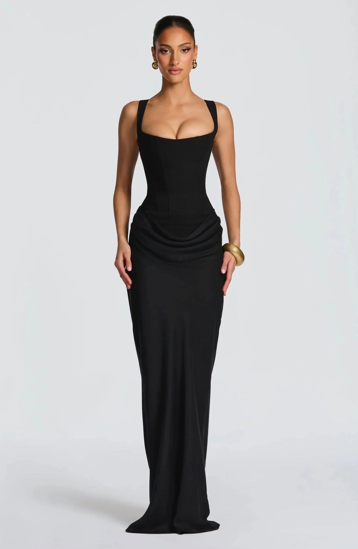 Galatea | Vestito Maxi Elegante in Raso Scollo Quadrato Aderente Schiena Nuda