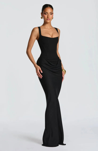 Galatea | Vestito Maxi Elegante in Raso Scollo Quadrato Aderente Schiena Nuda