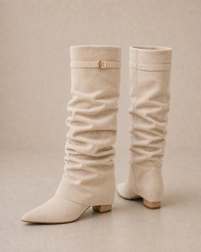 Women's beige suede-effect ruched knee-high boots, product-only pair.