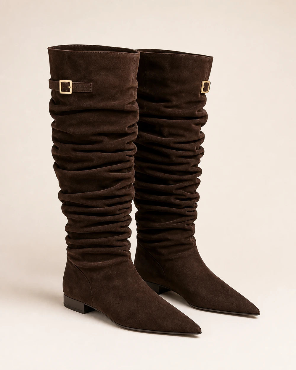 Women's dark-brown suede-effect ruched knee-high boots, product-only pair.