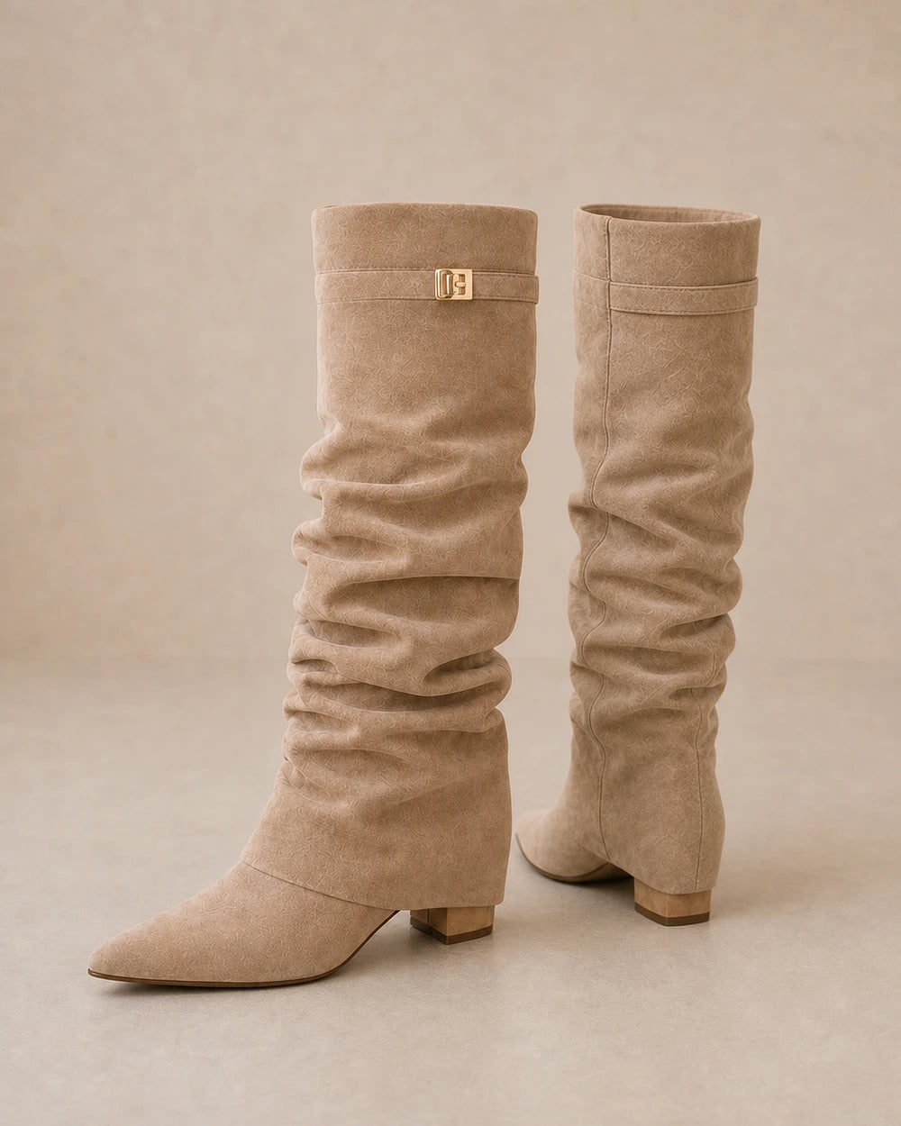 Women's light-brown ruched knee-high boots, product-only pair.