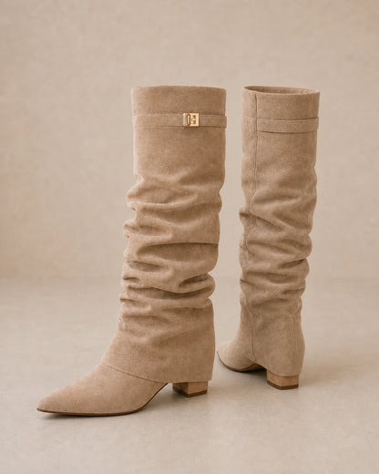 Women's light-brown ruched knee-high boots, product-only pair.