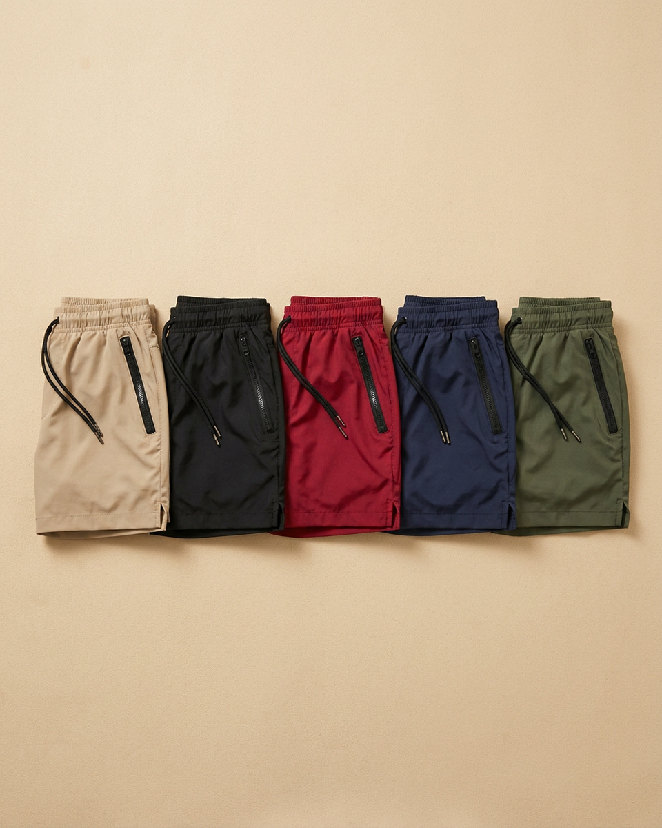 Momount Men Swim Shorts – Zipper Pocket Mesh Liner Drawstring Quick Dry - Flat-lay 5 colors
