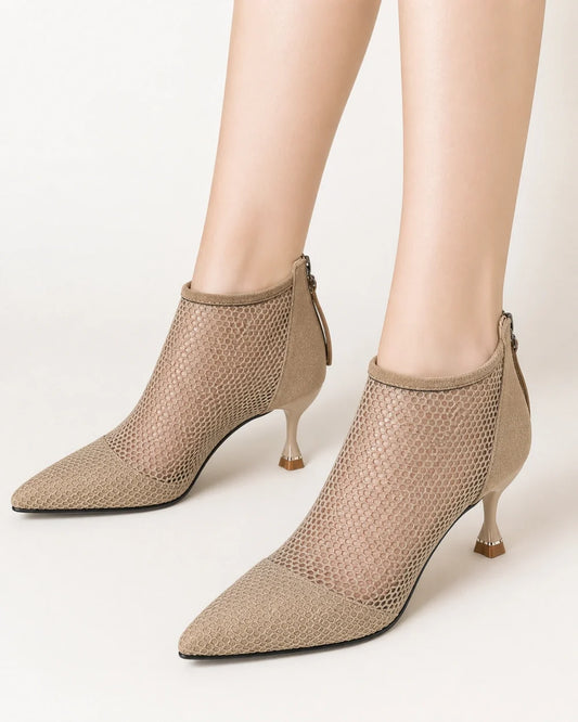 Momount Threcia light brown mesh kitten-heel ankle boots — hero worn view
