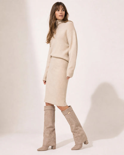 Women's beige wide-shaft suede-effect knee-high boots, full silhouette.