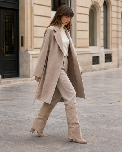 Women's beige wide-shaft suede-effect knee-high boots, autumn city view.