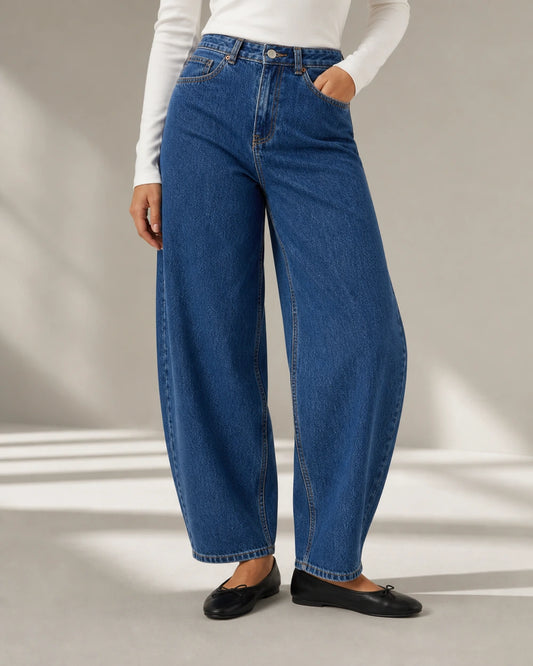 Jeans donna a vita alta barrel blu medio — image