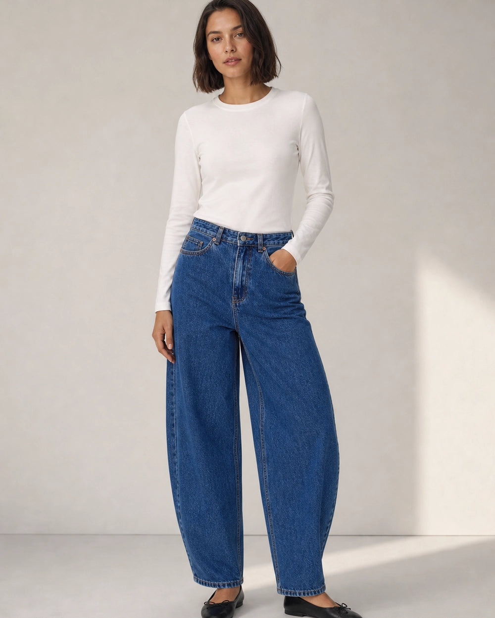 Jeans donna a vita alta barrel blu medio — image