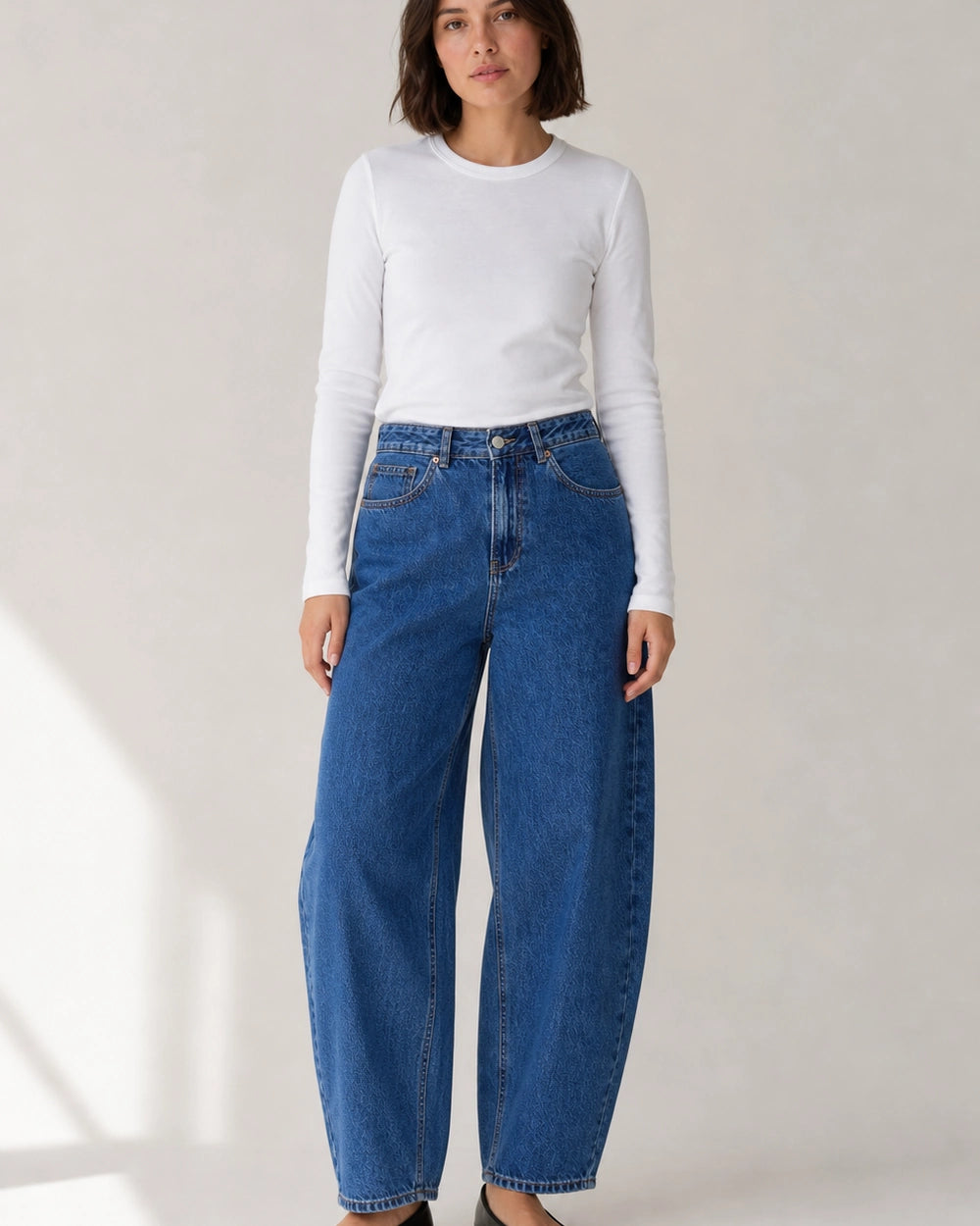 Jeans donna a vita alta barrel blu medio — image