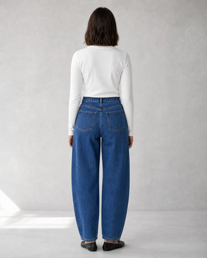 Jeans donna a vita alta barrel blu medio — image