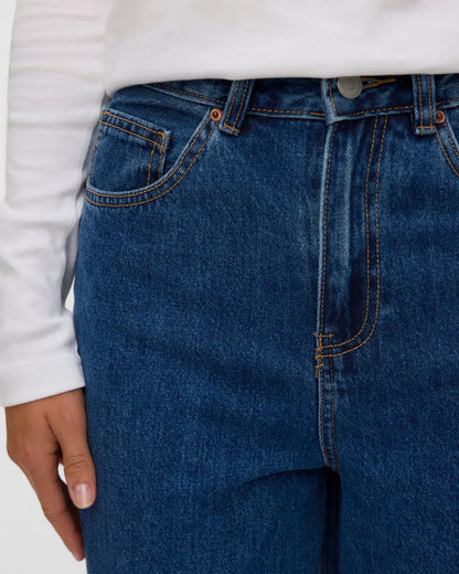 Jeans donna a vita alta barrel blu medio — image
