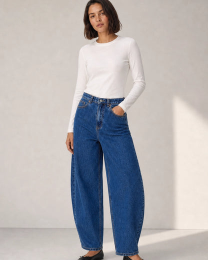 Jeans donna a vita alta barrel blu medio — image