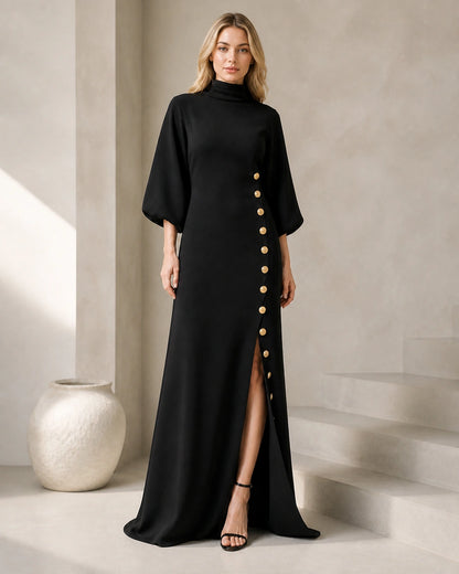 Women’s black maxi dress with gold buttons, full-length front view